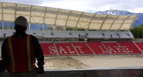 FILE PHOTO | The Salt Lake Tribune
Trey Fitz-Gerald, director of communications for Real Salt Lake, looks across the field at Rio Tinto Stadium during its construction in 2008. The stadium is the largest tax delinquent in three counties.