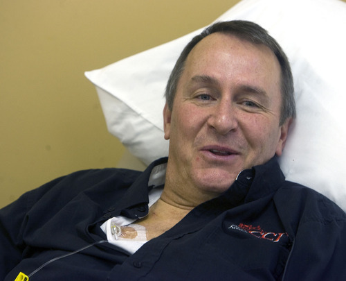 AL HARTMANN | The Salt Lake Tribune 
Utah Attorney General Mark Shurtleff was in good spirit as he started his first chemotherapy infusion treatment Monday at the  Jordan Valley Hospital Office of Utah Cancer Specialists. The port on the upper right side of his chest is where the chemo is delivered.