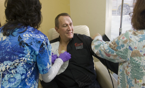 AL HARTMANN | The Salt Lake Tribune 
Utah Attorney General Mark Shurtleff started his chemotherapy treatment Monday at the  Jordan Valley Hospital Office of Utah Cancer Specialists.  Nurses check his blood pressure and the port in his chest where the chemo will be delivered.