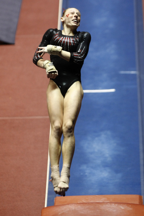 Chris Detrick  |  The Salt Lake Tribune 
Utah's Jacquelyn Johnson competes on the vault during the gymnastics meet against UCLA the Huntsman Center Friday January 7, 2011. Utah won 195.700 - 195.300.