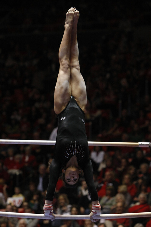 Chris Detrick  |  The Salt Lake Tribune 
Utah's Nansy Damianova competes on the bars during the gymnastics meet against UCLA the Huntsman Center Friday January 7, 2011. Utah won 195.700 - 195.300.