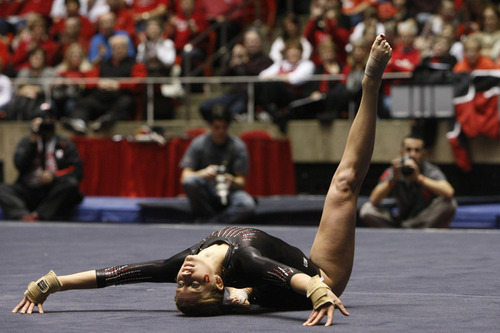 Chris Detrick  |  The Salt Lake Tribune 
Utah's Mary Beth Lofgren competes on the floor during the gymnastics meet against UCLA the Huntsman Center Friday January 7, 2011. Utah won 195.700 - 195.300.