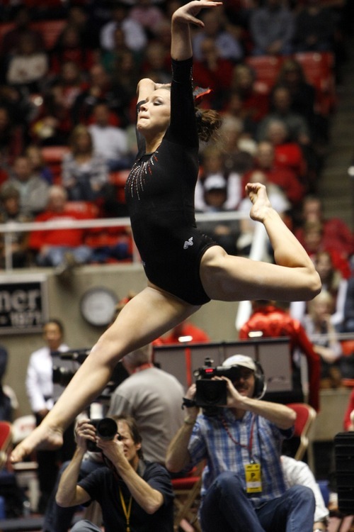 Chris Detrick  |  The Salt Lake Tribune 
Utah's Stephanie McAllister competes on the floor during the gymnastics meet against UCLA the Huntsman Center Friday January 7, 2011. Utah won 195.700 - 195.300.