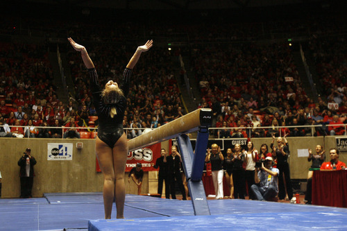 Chris Detrick  |  The Salt Lake Tribune 
Utah's Cortni Beers competes on the beam during the gymnastics meet against UCLA the Huntsman Center Friday January 7, 2011. Utah won 195.700 - 195.300.