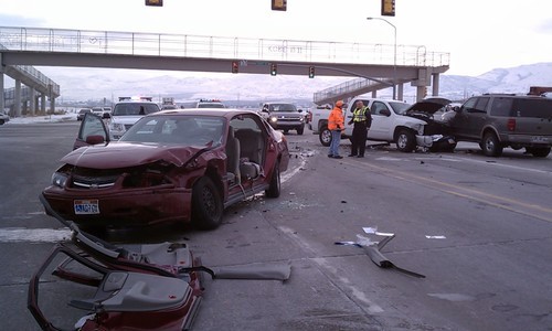 Cimaron Neugebauer | The Salt Lake Tribune
Three people were injured, one critically, when a car ran a red light at the intersection of Bangerter Highway and 12600 South on Wednesday afternoon.
