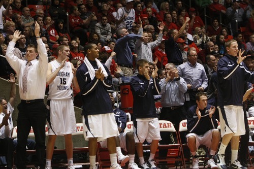 Chris Detrick  |  The Salt Lake Tribune 
The BYU bench cheers during the game at the Huntsman Center Tuesday January 11, 2011.   BYU won the game 104-79.