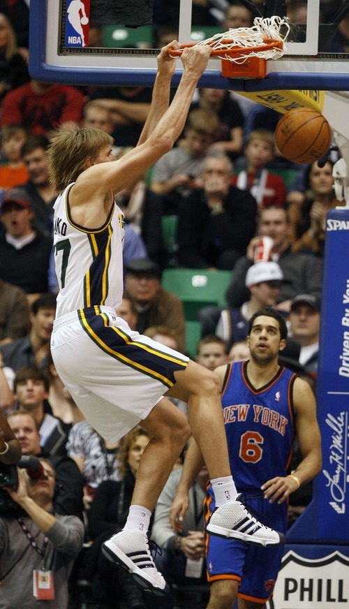 Steve Griffin  |  The Salt Lake Tribune
 
Utah's Andrei Kirilenko throws down two during the second half of the Jazz versus Knicks basketball game at EnergySolutions Arena in Salt Lake City Wednesday, January 12, 2011.