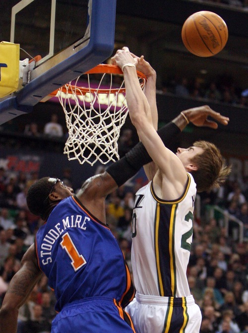 Steve Griffin  |  The Salt Lake Tribune
 
Utah's Gordon Hayward has is dunk attempt blocked by New York's Amar'e Stoudemire during the first half of the Jazz versus Knicks basketball game at EnergySolutions Arena in Salt Lake City Wednesday, January 12, 2011.