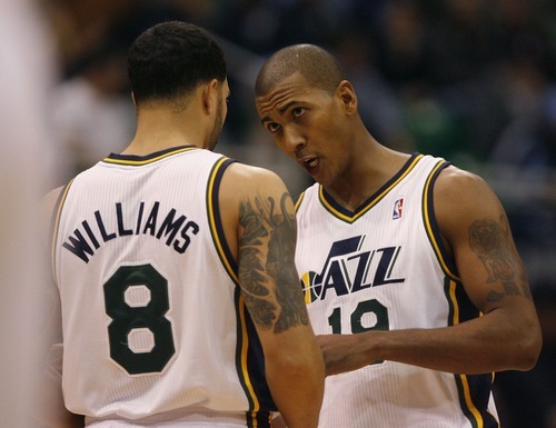 Steve Griffin  |  The Salt Lake Tribune
 
Utah's Deron Williams talks with Raja Bell during the first half of the Jazz versus Knicks basketball game at EnergySolutions Arena in Salt Lake City Wednesday, January 12, 2011.