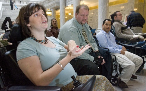 Paul Fraughton  |  The Salt Lake Tribune    At a press conference in the capitol rotunda,Cathy Garber talks about her experiences and difficulties  dealing with the State of Utah in regards to  receiving  services as a disabled individual.  The Disabled Rights Action Committee filed a complaint with  the justice department  which is going to investigate the groups allegations. Wednesday,January 12, 2011