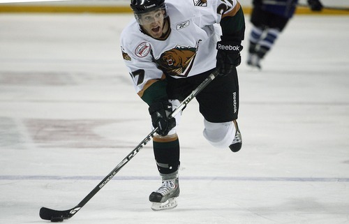 Djamila Grossman  |  The Salt Lake Tribune

The Grizzlies' Brent Gauvreau, 27, drives the puck across the ice during a game against the Idaho Steelheads at the Maverik Center in West Valley City, Wednesday, Jan. 12, 2011. Idaho won the game.