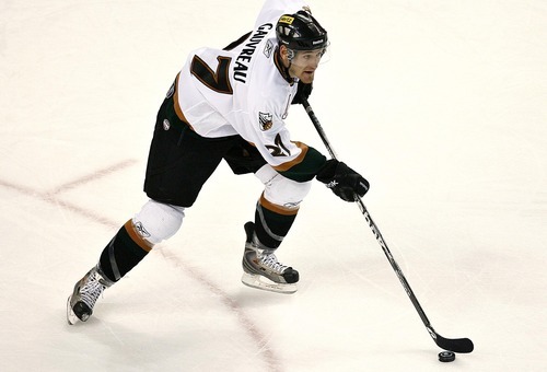 Djamila Grossman  |  The Salt Lake Tribune

The Grizzlies' Brent Gauvreau, 27, drives the puck across the ice during a game against the Idaho Steelheads at the Maverik Center in West Valley City, Wednesday, Jan. 12, 2011.