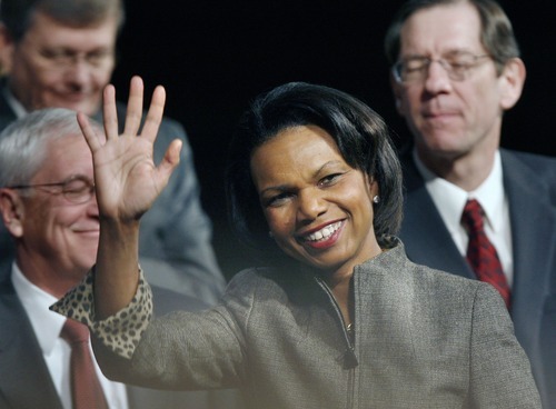 Steve Griffin  |  The Salt Lake Tribune
 
Former Secretary of State Condoleezza Rice smiles and waves to the crowd that gathered at the Marriott Center on the campus of BYU in Provo to hear her speak Thursday, Jan. 13, 2011.
