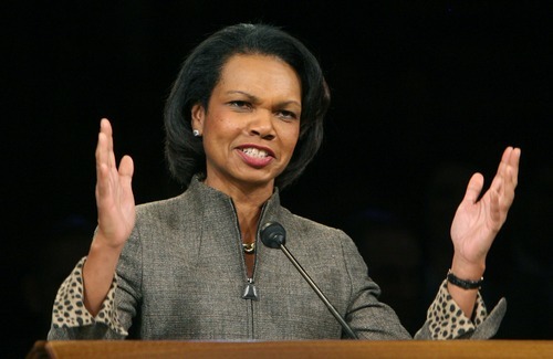 Steve Griffin  |  The Salt Lake Tribune
 
Former Secretary of State Condoleezza Rice gestures to the crowd during a talk at BYU on Thursday, Jan. 13, 2011.