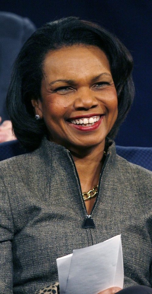 Steve Griffin  |  The Salt Lake Tribune
 
Former Secretary of State Condoleezza Rice smiles as she is being introduced at the Marriott Center on the campus of BYU in Provo on Thursday, Jan. 13, 2011.