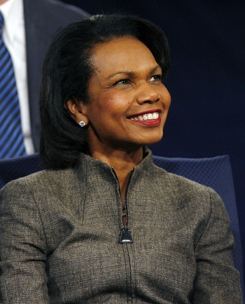 Steve Griffin  |  The Salt Lake Tribune
 
Former Secretary of State Condoleezza Rice smiles as she is being introduced at the Marriott Center on the campus of BYU in Provo on Thursday, Jan. 13, 2011.