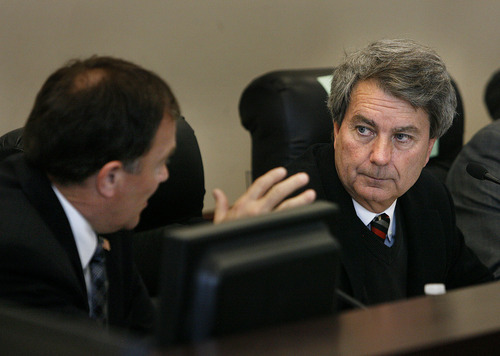 Scott Sommerdorf  l  The Salt Lake Tribune
Utah Gov. Gary Herbert (left) speaks as Bureau of Land Management Director Bob Abbey listens. Herbert was expresssing his frustration with a system that offered no chance at an final resolution to some of the  contentious land issues the council has dealt with in the past. Abbey was the to meet with the Governor and the Utah Balanced Resource Council to discuss new rules on wild lands protection, Friday, 1/14/11.
