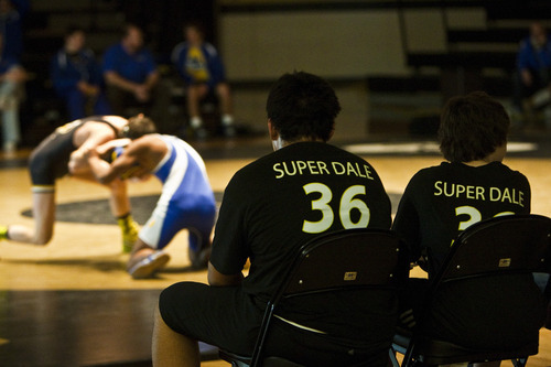 Chris Detrick  |  The Salt Lake Tribune 
Members of the Wasatch wrestling team watch during the wrestling match against Orem at Wasatch High School Thursday January 13, 2011.  Wrestler Dale Lawrence was injured during a wrestling practice January 4.