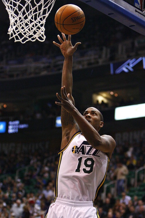 Djamila Grossman  |  The Salt Lake Tribune

The Utah Jazz's Raja Bell, 19, jumps up to score in a game against Cleveland in Salt Lake City, Friday, Jan. 14, 2011. The Jazz won the game.