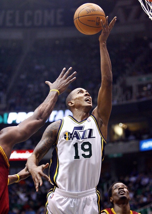 Djamila Grossman  |  The Salt Lake Tribune

The Utah Jazz's Raja Bell, 19, jumps up to score in a game against Cleveland in Salt Lake City, Friday, Jan. 14, 2011.