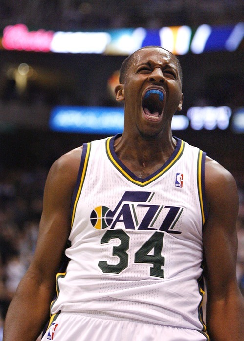 Djamila Grossman  |  The Salt Lake Tribune

The Utah Jazz's C.J. Miles, 34, celebrates after he slammed a dunk in a game against Cleveland in Salt Lake City, Friday, Jan. 14, 2011.