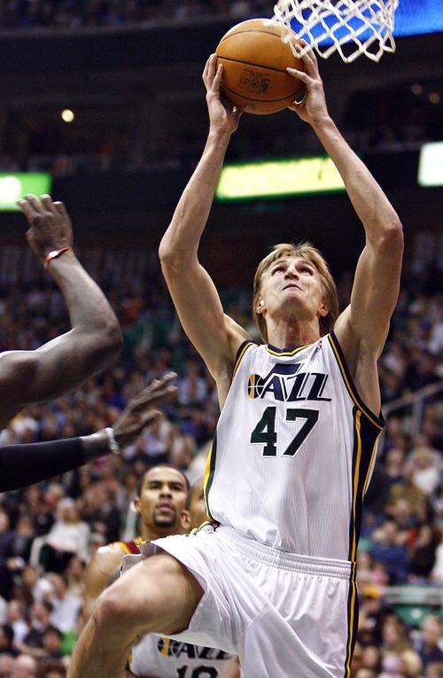 Djamila Grossman  |  The Salt Lake Tribune

The Utah Jazz's Andrei Kirilenko, 47, goes up for an easy bucket in a game Friday against Cleveland in Salt Lake City. Kirilenko, who recently became a U.S. citizen, is at the midway point of his final year under contract with the Jazz and faces a career crossroads.