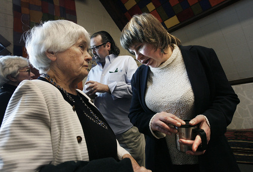 Scott Sommerdorf  l  The Salt Lake Tribune
Sue Marquardt, left, speaks with Lisa Larges, minister coordinator for That All May Freely Serve, after her talk at Wasatch Presbyterian Church Sunday. Larges came to Salt Lake City to advocate for the ordination of actively gay ministers within the church.