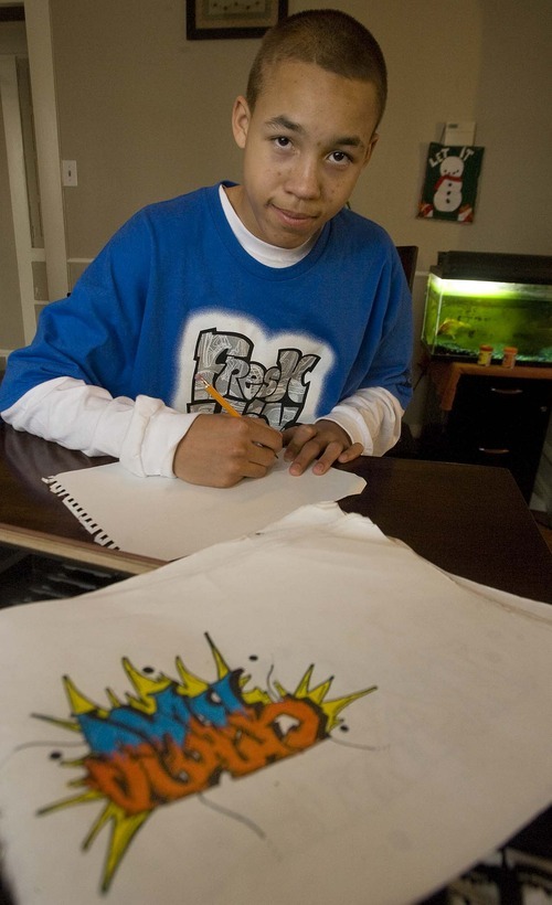 Paul Fraughton  |  The Salt Lake Tribune
Kaleb Winston, who likes art and spends some spare time drawing and sketching in a notebook, shows a sketch Dec. 28 that police felt had gang significance. Kaleb, 14, told officers during a 