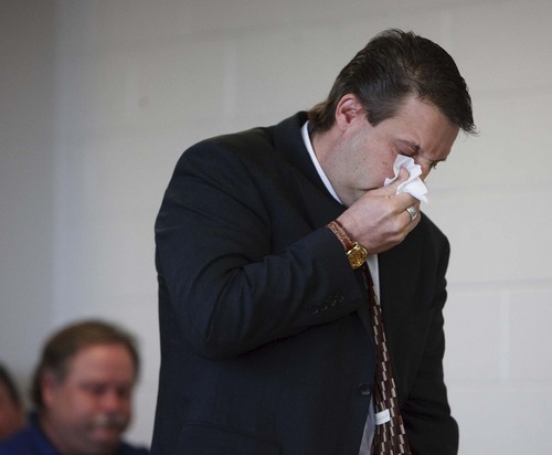 Trent Nelson  |  The Salt Lake Tribune
Richard Killpack wipes tears from his eyes at the parole hearing for his wife, Jennete Killpack, at the Utah State Prison Tuesday, January 18, 2011. Killpack, who is serving 1 to 15 for the 2002 water intoxication death of her adopted daughter, 4-year-old Cassandra Killpack. Killpack forced the girl -- as therapy, the mother claimed at trial --  to drink at least a gallon of water which caused the girl's sodium levels to drop, triggering fatal brain swelling. A 4th District Court Jury convicted Killpack -- the mother of four children -- of second-degree felony child abuse homicide. Her husband, Richard Killpack, was acquitted of a similar charge.