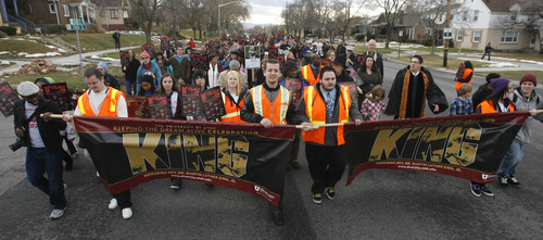 Rick Egan   |  The Salt Lake Tribune

Hundreds of marchers march along 1300 East on their way to the Park building at the University of Utah during the Martin Luther King Jr. March,  Monday, Jan. 17, 2011