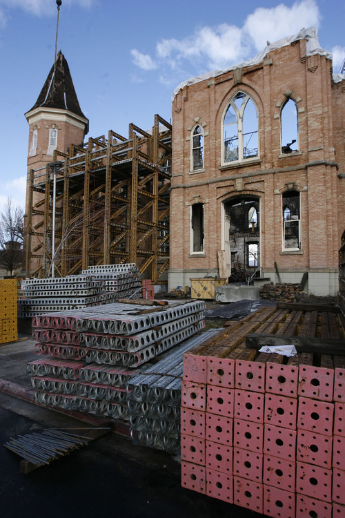 Francisco Kjolseth  |  The Salt Lake Tribune
Industrial sized scaffolding braces the walls as the Provo fire department gives another tour of the remains of the historic Tabernacle where 75 tons of debris has been removed so far. Though the investigation is not complete the fire department is content to state that the fire was not deliberately set and was from an 