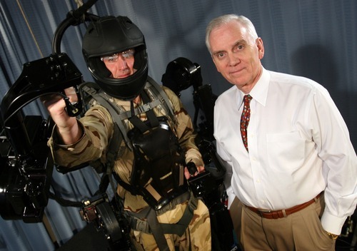 Leah Hogsten  |  The Salt Lake Tribune

Software engineer Rex Jameson, left, and Steve Jacobsen, president of Raytheon Sarcos at Research Park, work with some unique robotic creations. This exoskeleton increases human strength and endurance dramatically, allowing its user to lift and carry up to 150 pounds over great distances. The exoskeleton, a device that now is intended for military use, allows soldiers to exceed the conventional barriers of human endurance.