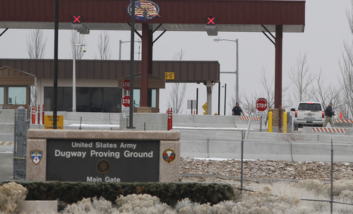 The main gate at Dugway Proving Ground military base, located about 85 miles southwest of Salt Lake City. Base authorities continued searching Tuesday for a missing solider who hasn't been heard from since Sunday. Associated Press file photo