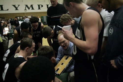 Djamila Grossman  |  The Salt Lake Tribune

Highland High School's coach Keith West, talks to his team during a time out before their win against Olympus High School during a game at Olympus, Friday, Jan. 28, 2011.