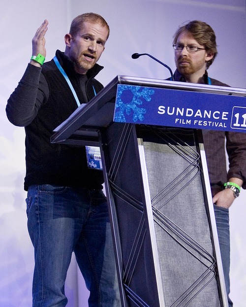 Djamila Grossman  |  The Salt Lake Tribune

Eric Strauss and Peter Hutchens speak to the audience as their movie The Redemption of General Butt Naked receives an award at the Sundance Film Festival awards ceremony in Park City, Saturday, Jan. 29, 2011.