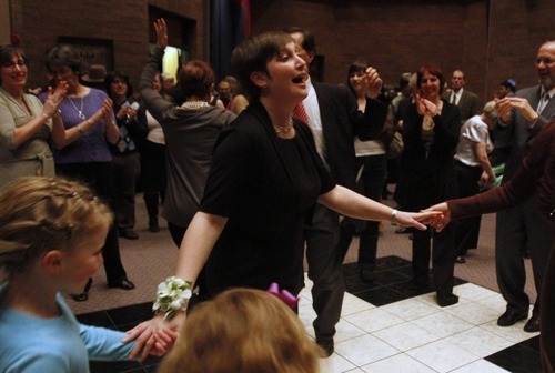 Rick Egan   |  The Salt Lake Tribune

 Ilana Schwartzman dances to the sounds of the Klezbros, after being installed as senior rabbi,  during a special 