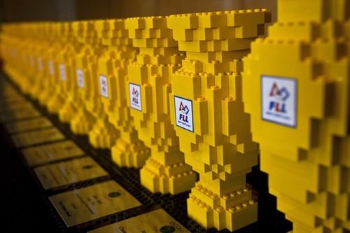 Chris Detrick  |  The Salt Lake Tribune 
Trophies made out of Legos are lined up during the Utah First Lego League Championship at the University of Utah on Saturday. About 560 students, ages 9-14, worked for months to build and program robots using computers and Lego blocks.