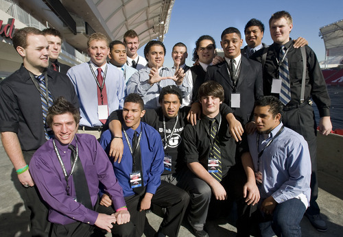 Al Hartmann   |  The Salt Lake Tribune 
Salt Lake Valley's football stars descended on Rio Tinto Stadium for a breakfast and signing event.   Bingham High School signed the most players by far.  The signees gather for a group shot at the stadium.