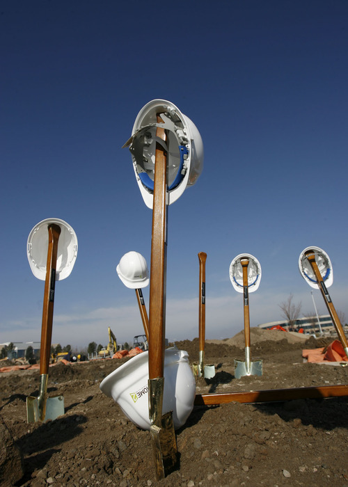 Francisco Kjolseth  |  The Salt Lake Tribune
Shovels and hard hats remain following a ground breaking of new $5 million, 79-room Home 2 Suites by Hilton attended by West Valley City Mayor Mike Winder and other officials and Hilton representatives. The new extended stay suites will be located at 4028 West Parkway Boulevard.