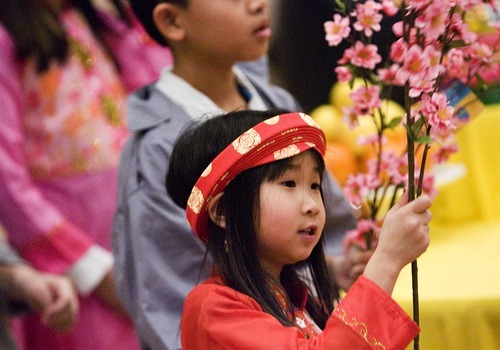 Djamila Grossman  |  The Salt Lake Tribune
The Vietnamese Community in Utah is celebrating the lunar New Year with a big festival. Lan Anh Vu, 7, rehearses a dance Sunday at Lien Hoa Buddhist Temple in Taylorsville that she will be performing with others during the Tet celebration.