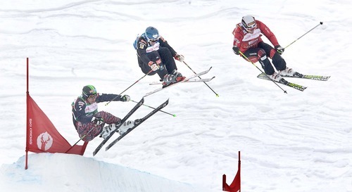 Paul Fraughton  |  The Salt Lake Tribune  Christopher  Delbosco of Canada, right Jouni Pelinen of Finland,and Andreas Matt of Austria, who finished first second and third  go over one of the jumps in the FIS Freestyle World Ski Championships  Men's Ski Cross Event  at Deer Valley on  Friday,February 4, 2011