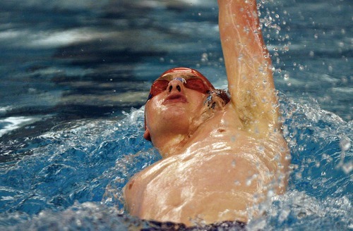 Djamila Grossman  |  The Salt Lake Tribune

The Spanish Fork High School's Jesse Roberts swims in the 200 Yard Individual Medley of the 4A Swimming Championship at Brigham Young University, Friday, Feb. 4, 2010.