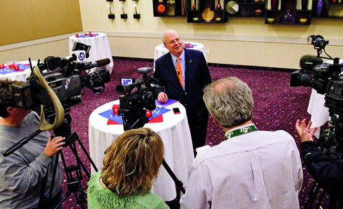 Rick Egan   |  The Salt Lake Tribune

Karl Rove talks to reporters before the Davis County Republican Party Lincoln Day Dinner at the Davis Conference Center, Thursday, February 3, 2011
