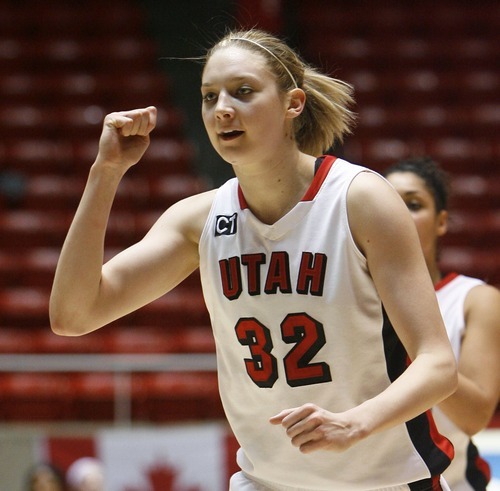 Steve Griffin  |  The Salt Lake Tribune
 
Utah's Diana Rolniak pumps her fist after making a basket and getting fouled during first half action in the Utah versus UNLV women's basketball game at the Huntsman Center in Salt Lake City Tuesday, February 1, 2011.