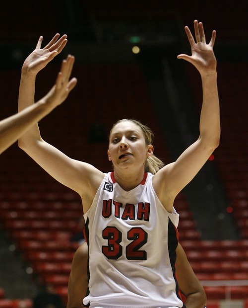 Steve Griffin  |  The Salt Lake Tribune
 
Utah's Diana Rolniak holds her hands up as she calls for the ball in the paint during first half action in the Utah versus UNLV women's basketball game at the Huntsman Center in Salt Lake City Tuesday, February 1, 2011.