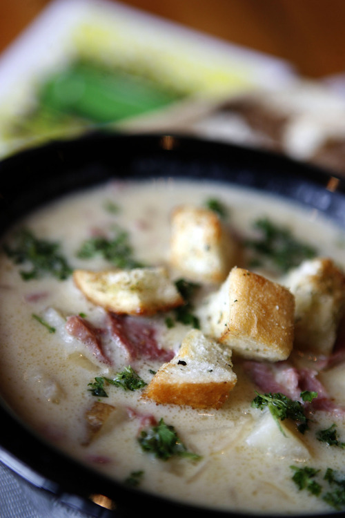Francisco Kjolseth  |  The Salt Lake Tribune
The Green Pig Pub in Salt Lake City features its popular Reuben soup every Monday. Chef Adam Sinclair's recipe includes corned beef, cream, potatoes and a sauerkraut topping.