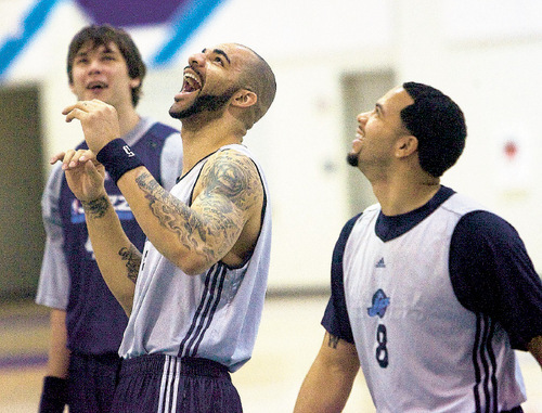 Al Hartmann  |  The Salt Lake Tribune  4/21/2010
Jazz's Kyrylo Fesenko, left, Carlos Boozer and Derron Williams were relaxed and in good spirits during Wednesday's shoot around in Salt Lake City.  They play game 3 against Denver on Friday.