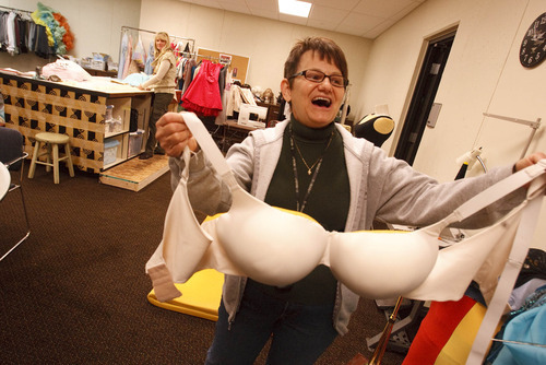 Leah Hogsten  |  The Salt Lake Tribune
Costume mistress Wendy Nagao holds up the brassiere worn by the lead actress Edna Turnblad in the upcoming production of 