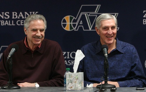 Leah Hogsten  |  The Salt Lake Tribune
Phil Johnson, left, and Jerry Sloan react Thursday as the Utah Jazz announce that both are resigning. Sloan's resignation brings to a stunning end a long career in Utah that included most of his 1,221 career coaching victories and induction into the basketball Hall of Fame.



Jerry Sloan resigned as coach of the Jazz on Thursday, February 10, 2011, in Salt Lake City, bringing to a stunning end a long career in Utah that included most of his 1,221 career coaching victories and induction into the basketball hall of fame.Longtime assistant coach Phil Johnson also resigned.  Former assistant coach Tyrone Corbin is now the head coach. The announcement was given at  a press conference at 3 p.m. at the team's practice facility.