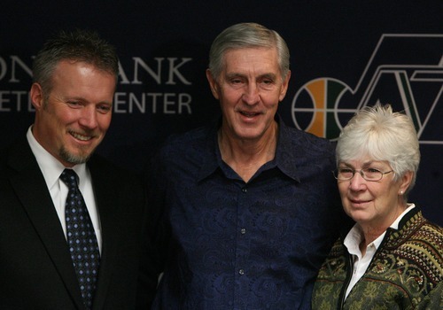 Leah Hogsten  |  The Salt Lake Tribune
Jazz CEO Greg Miller, left, Jerry Sloan  and Jazz owner Gail Miller during a news conference Thursday in which Sloan announced his resignation. Sloan's resignation brings to a stunning end a long career in Utah that included most of his 1,221 career coaching victories and induction into the basketball Hall of Fame.